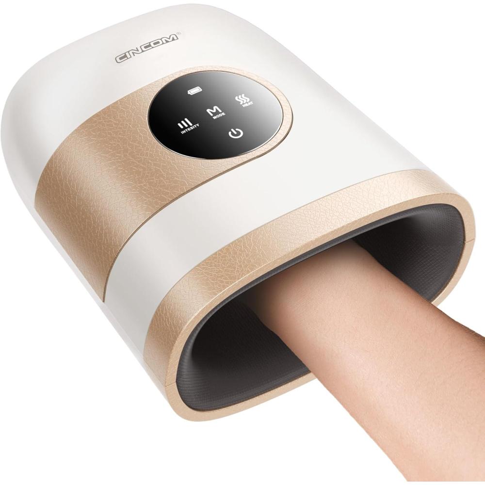 imageCINCOM Upgraded Hand Massager with Heat and Compression for Arthritis and Carpal Tunnel  Cordless ampamp Rechargeable Gifts for Women Pearl White ampamp GoldPearl White  Gold